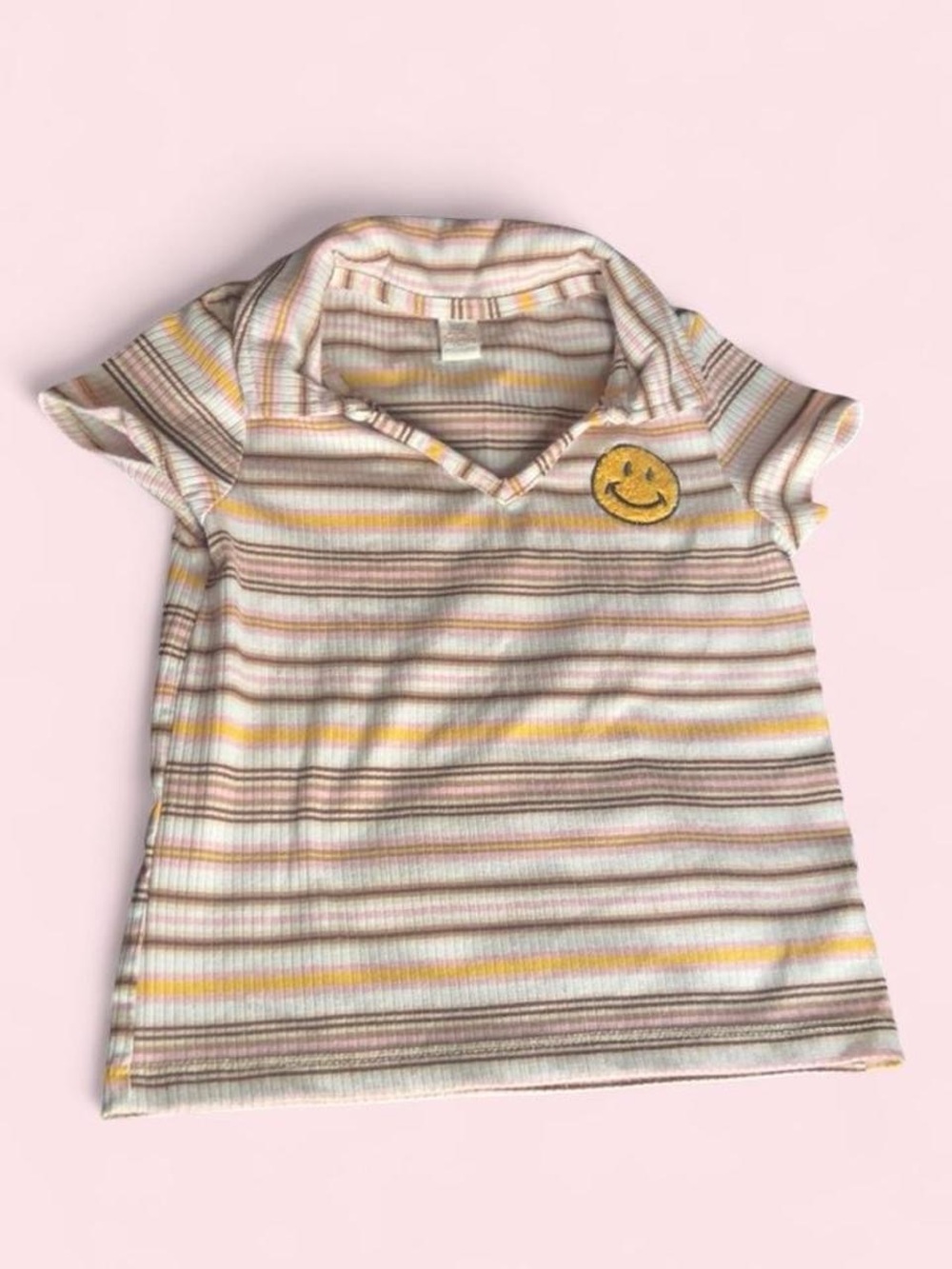 Girls' Striped Polo Top with Smiley Patch - Cream, Yellow & Pink